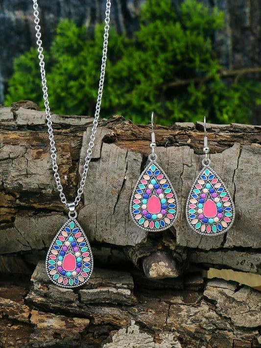 Colorblock Textured Water-drop Pendant Necklace & Drop Earrings