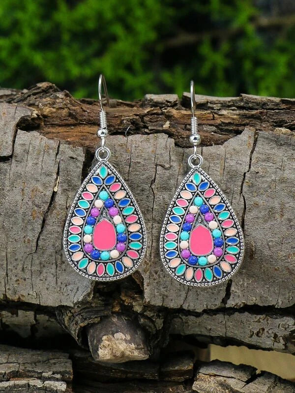 Colorblock Textured Water-drop Pendant Necklace & Drop Earrings