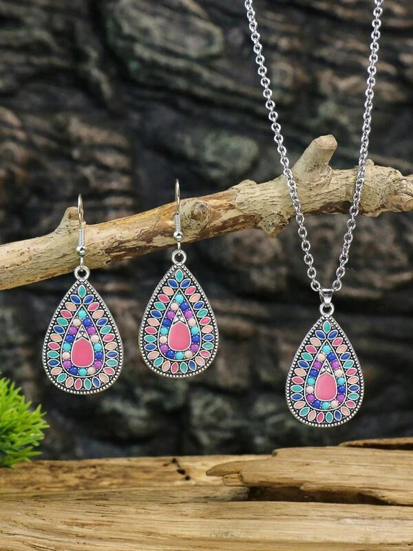 Colorblock Textured Water-drop Pendant Necklace & Drop Earrings