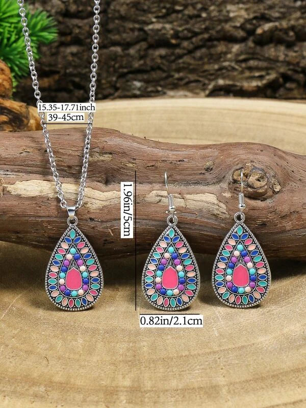 Colorblock Textured Water-drop Pendant Necklace & Drop Earrings