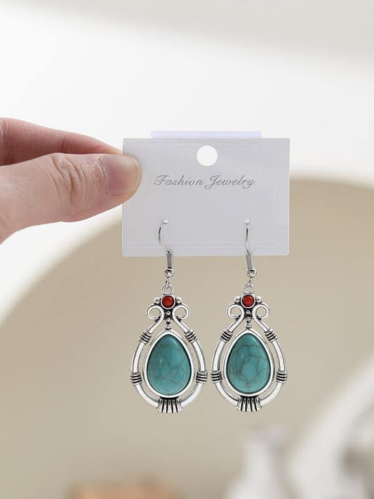 Stone Decor Water Drop Vintage Boho Hollow Turquoise Drop Earrings Bohemian Silver Color Decor Gift