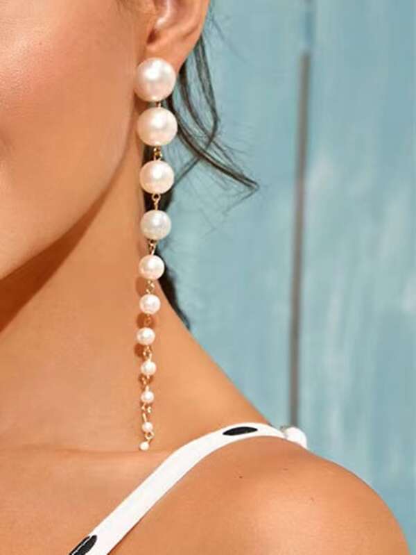 1pair Faux Pearl Decor Long Drop Earrings