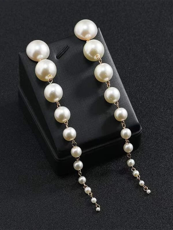 1pair Faux Pearl Decor Long Drop Earrings