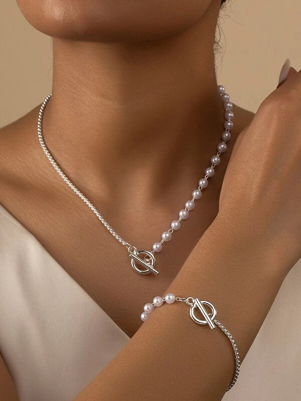 2pcs Faux Pearl Decor Jewelry Set