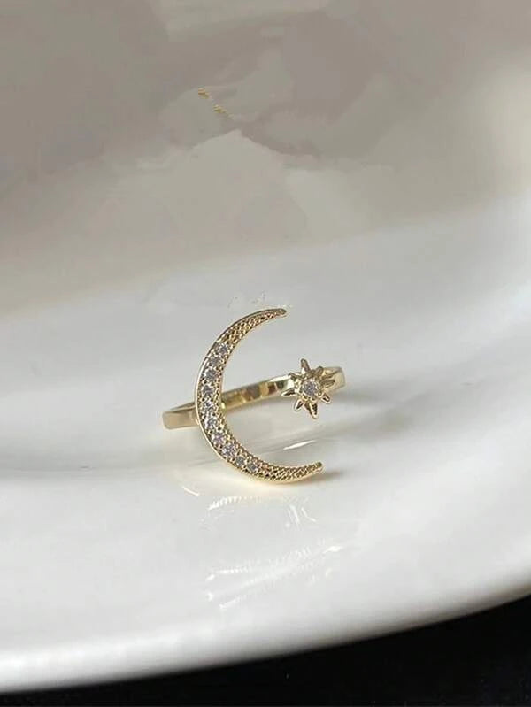 Rhinestone Star & Moon Decor Cuff Ring