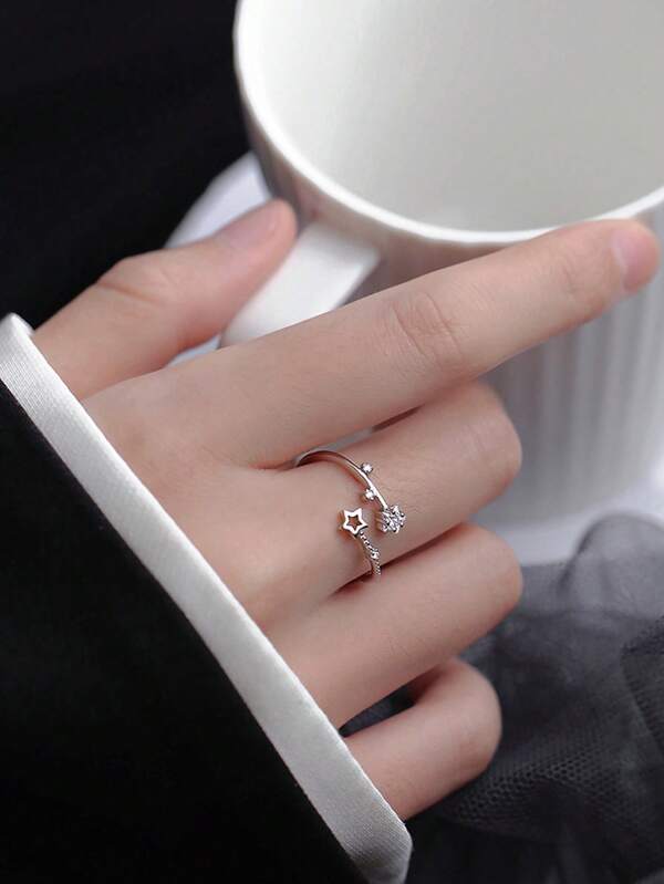 1pc Fashionable Cubic Zirconia & Star Decor Cuff Ring