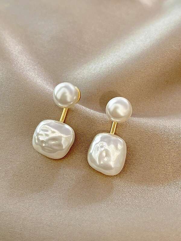 1pair Minimalist Geometric Irregular Square & Faux Pearl Drop Earrings