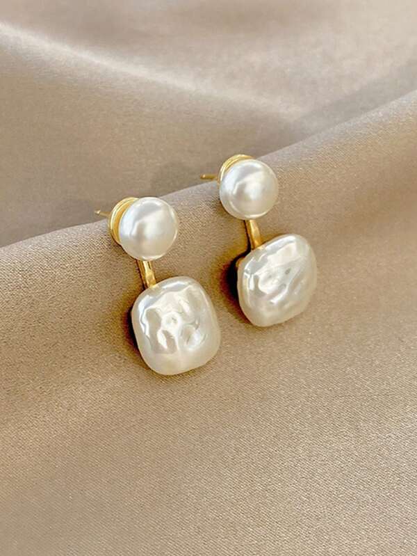 1pair Minimalist Geometric Irregular Square & Faux Pearl Drop Earrings