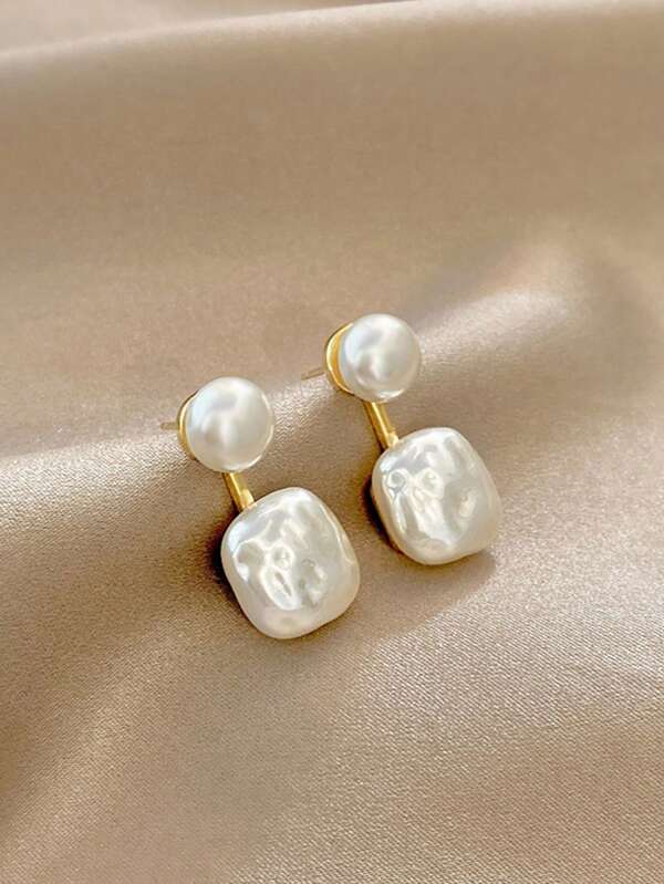 1pair Minimalist Geometric Irregular Square & Faux Pearl Drop Earrings