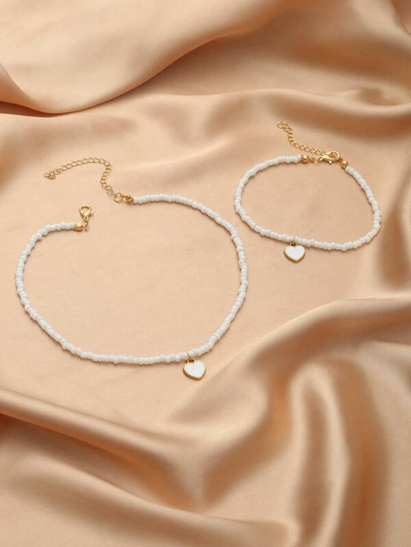 1pc Fashion Heart Charm Beaded Necklace & 1pc Bracelet For Women For Summer