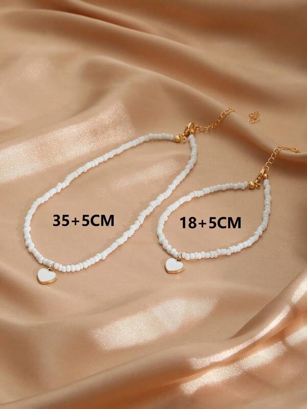 1pc Fashion Heart Charm Beaded Necklace & 1pc Bracelet For Women For Summer