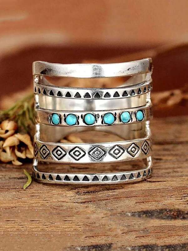 1pc Boho Turquoise Decor Textured Hollow Out Ring For Women For Daily Decoration For Party Banquet Wedding