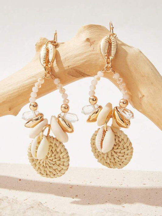 1pair Boho Rattan Circle & Shell Drop Earrings For Women For Holiday Decoration