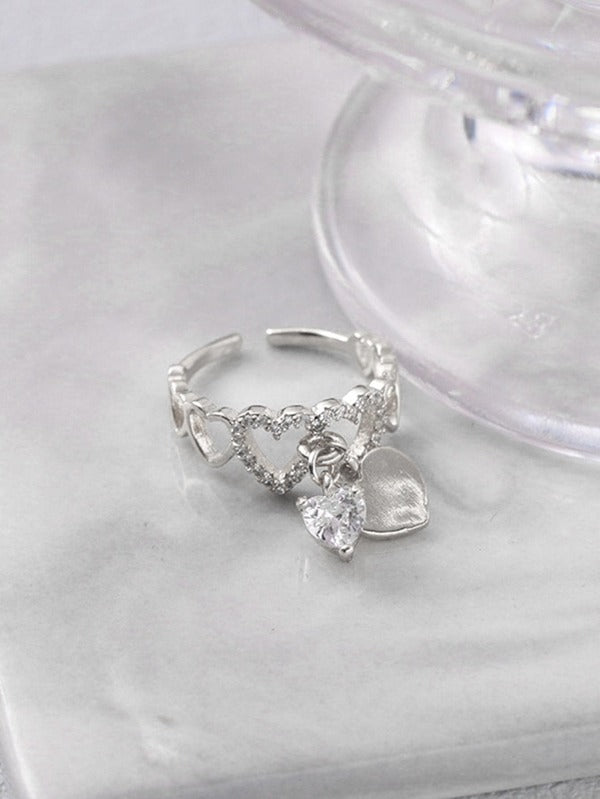 Rhinestone & Heart Decor Cuff Ring