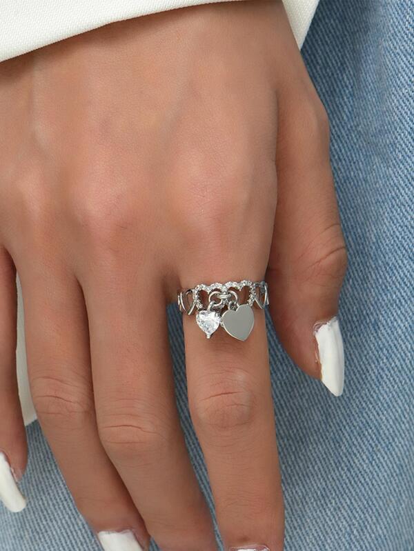 Rhinestone & Heart Decor Cuff Ring