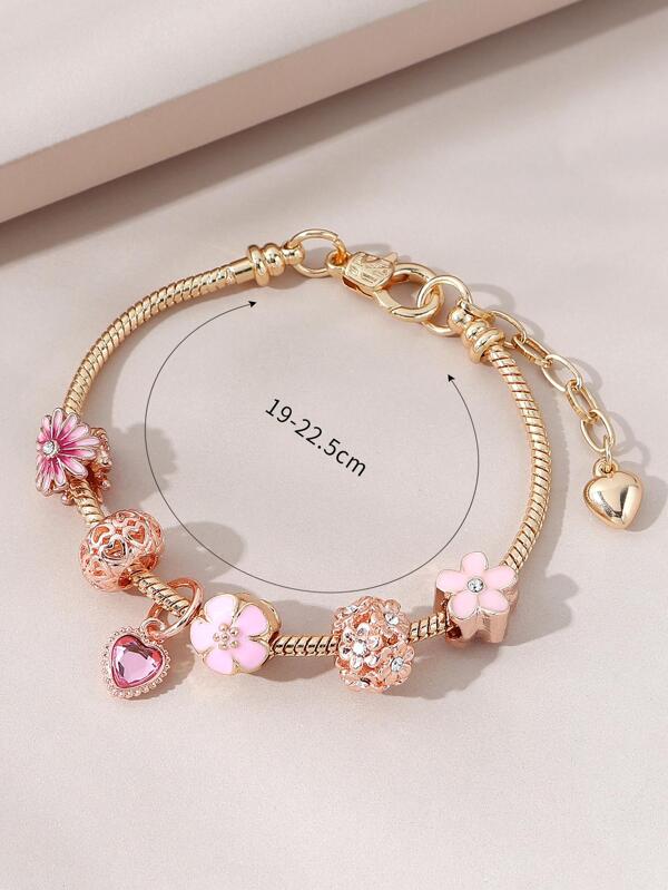 Rhinestone Decor Flower & Heart Charm Bracelet