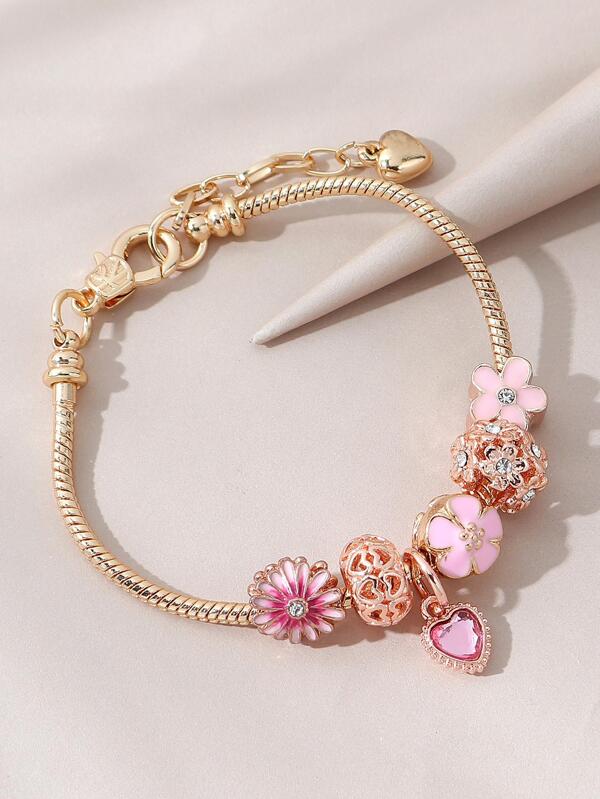 Rhinestone Decor Flower & Heart Charm Bracelet