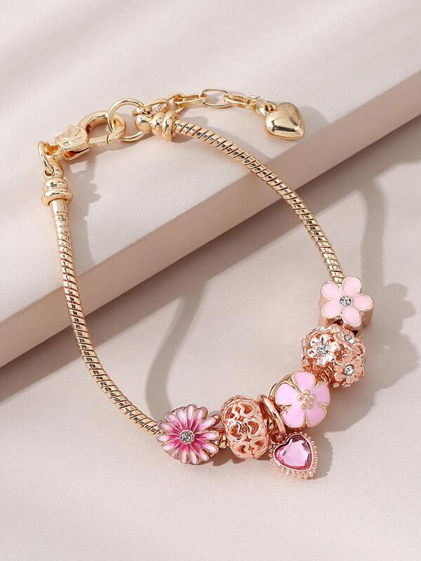 Rhinestone Decor Flower & Heart Charm Bracelet