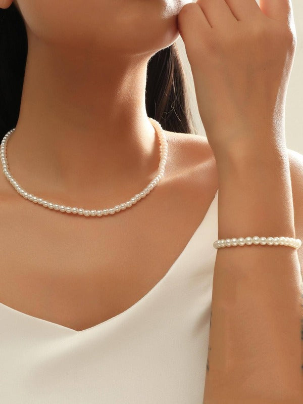 Faux Pearl Decor Beaded Necklace & Bracelet