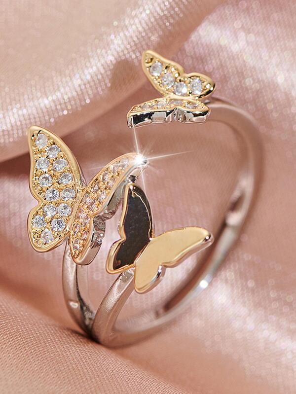 Cubic Zirconia Butterfly Decor Cuff Ring For Women For Party Banquet Wedding