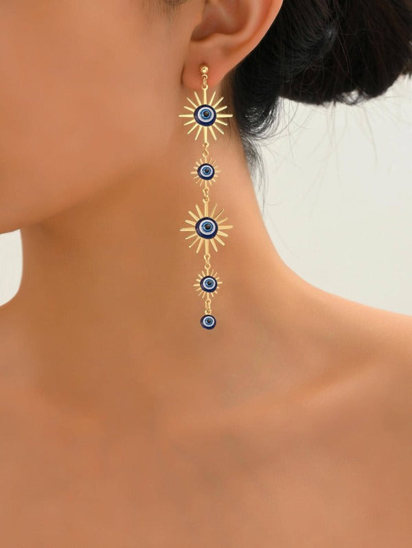 1pair Fashion Zinc Alloy Evil Eye Decor Sun Drop Earrings For Women For Gift