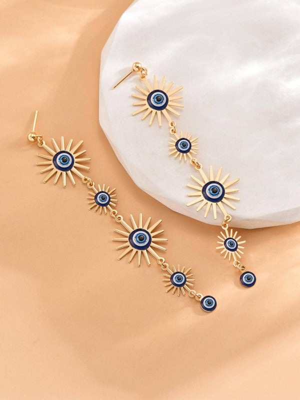 1pair Fashion Zinc Alloy Evil Eye Decor Sun Drop Earrings For Women For Gift