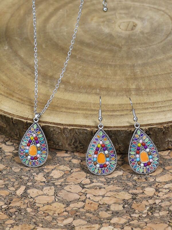 Colorblock Textured Water-drop Pendant Necklace & Drop Earrings