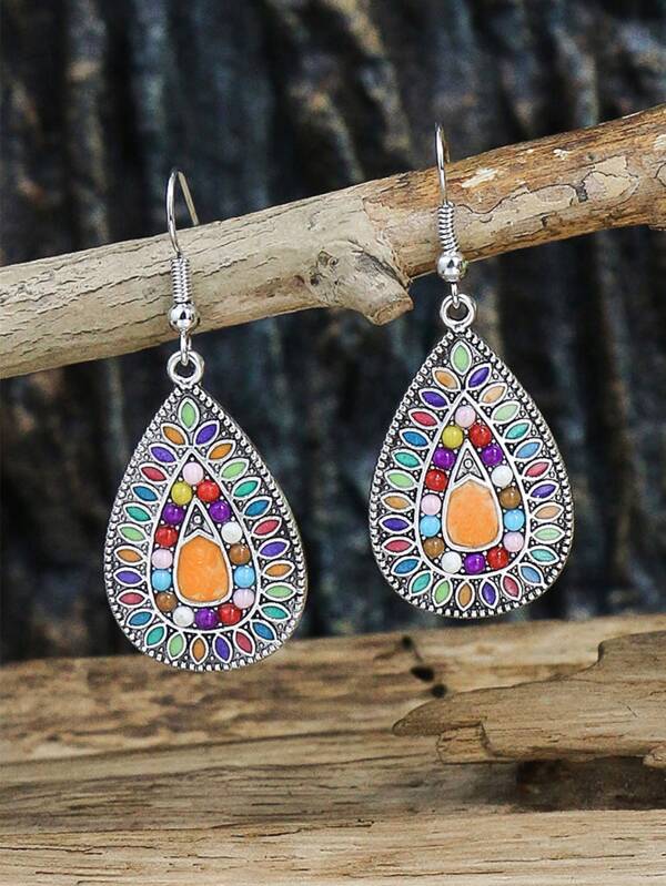 Colorblock Textured Water-drop Pendant Necklace & Drop Earrings