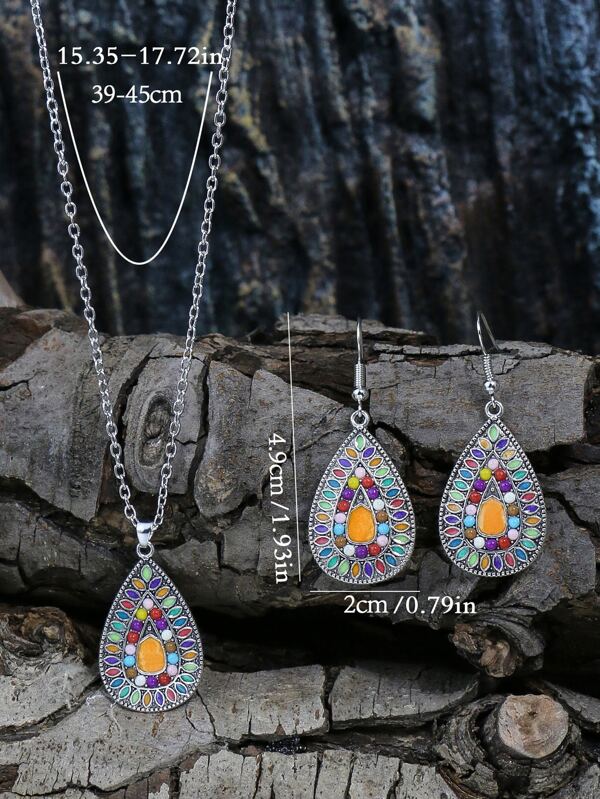 Colorblock Textured Water-drop Pendant Necklace & Drop Earrings