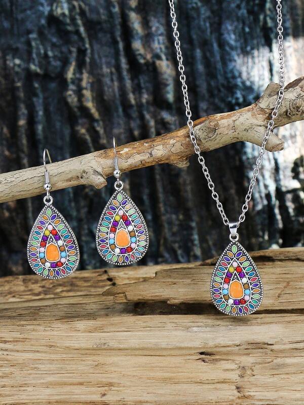 Colorblock Textured Water-drop Pendant Necklace & Drop Earrings