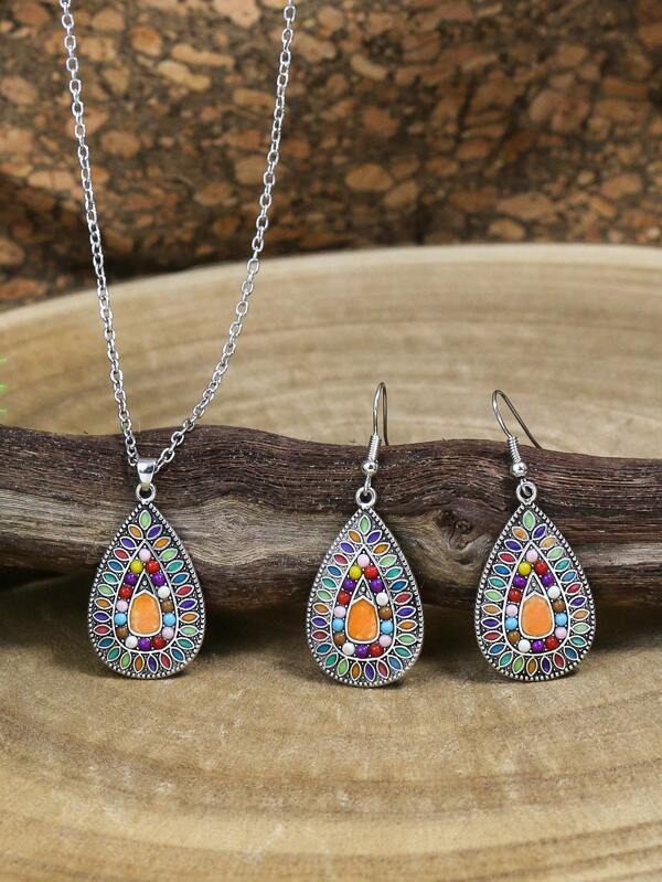 Colorblock Textured Water-drop Pendant Necklace & Drop Earrings