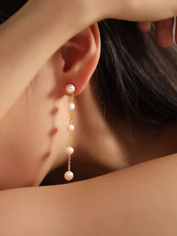 2pcs Fashion Temperament Simple Long Chain Tassel Faux Pearl Earrings Banquet Wedding Gift