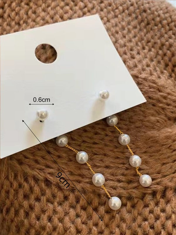 2pcs Fashion Temperament Simple Long Chain Tassel Faux Pearl Earrings Banquet Wedding Gift