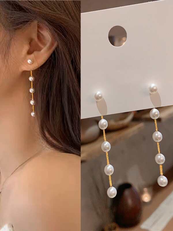 2pcs Fashion Temperament Simple Long Chain Tassel Faux Pearl Earrings Banquet Wedding Gift